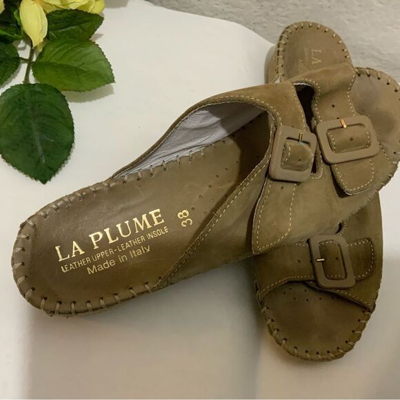 La Plume Tan  Leather Slide Wedge 2 Buckle Sandals Size 38 - Picture 4 of 11